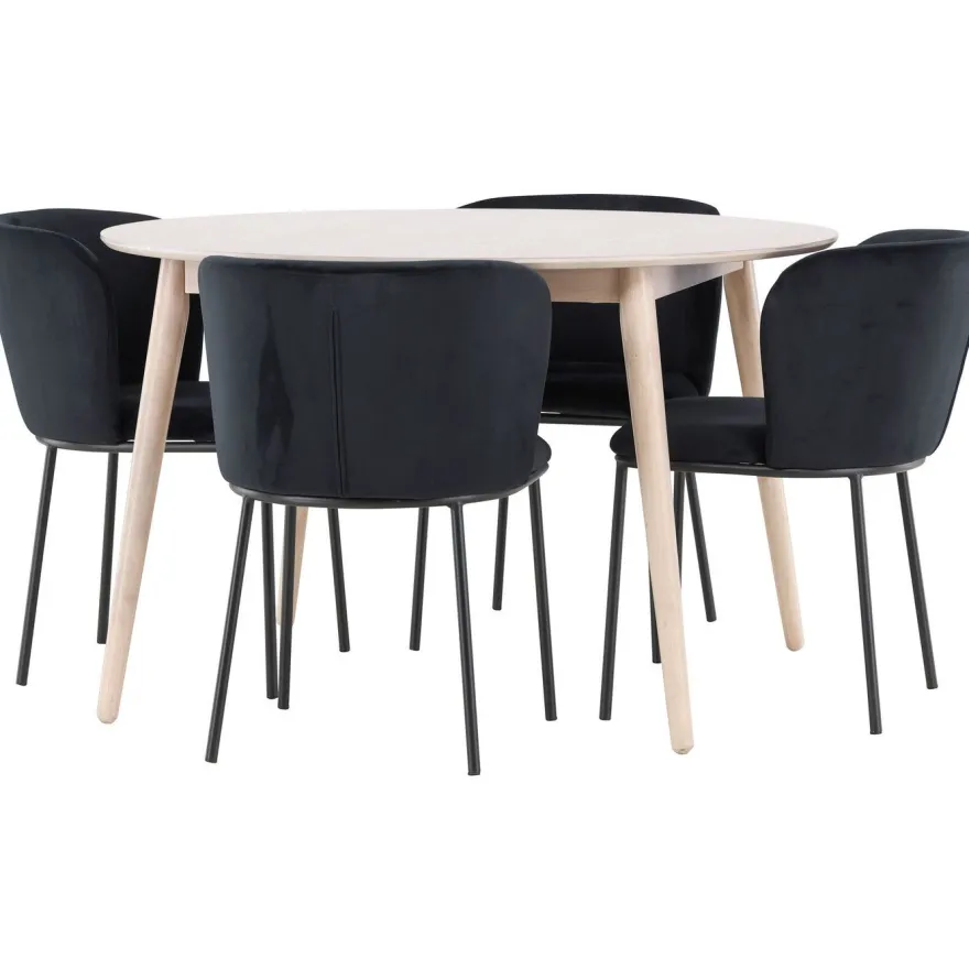 Pyöreä ruokailuryhmä Venture Home, Ø120cm vaalea Flora-pöytä + 4 Edina-tuolia