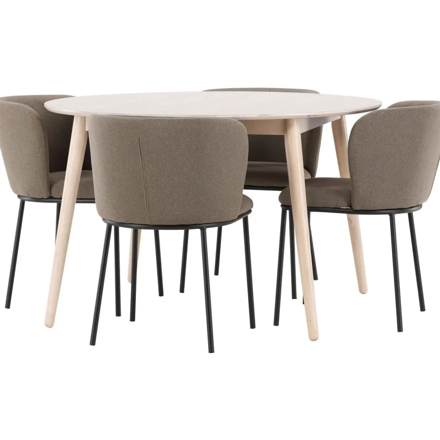Pyöreä ruokailuryhmä Venture Home, Ø120cm vaalea Flora-pöytä + 4 Edina-tuolia