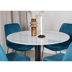 Pyöreä ruokailuryhmä Venture Home, Ø106cm valkoinen Estelle-pöytä + 4 sinistä Muce-tuolia