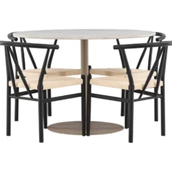 Pyöreä ruokailuryhmä Venture Home, Ø110cm beige Lycke-pöytä + 4 mustaa Alfons-tuolia