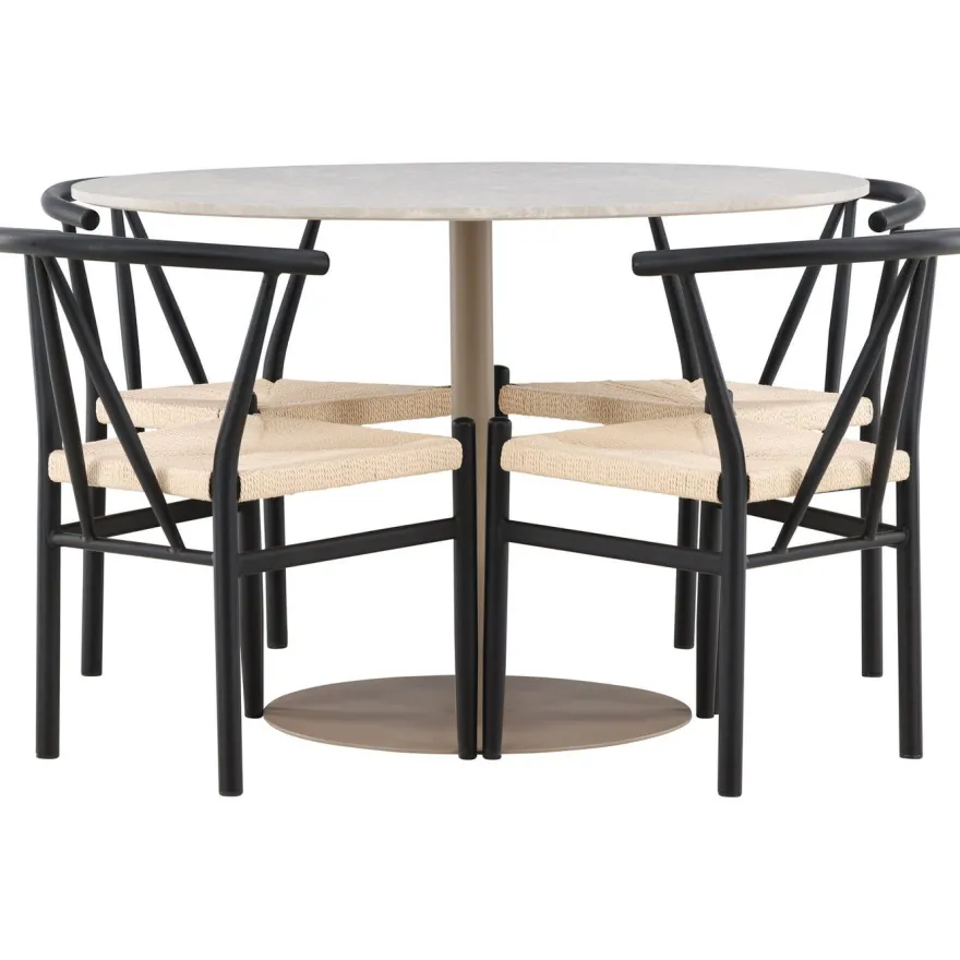Pyöreä ruokailuryhmä Venture Home, Ø110cm beige Lycke-pöytä + 4 mustaa Alfons-tuolia