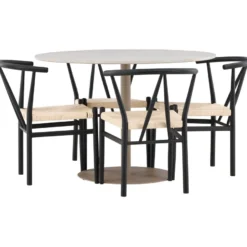 Pyöreä ruokailuryhmä Venture Home, Ø110cm beige Lycke-pöytä + 4 mustaa Alfons-tuolia
