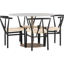 Pyöreä ruokailuryhmä Venture Home, Ø110cm beige Lycke-pöytä + 4 mustaa Alfons-tuolia