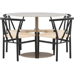 Pyöreä ruokailuryhmä Venture Home, Ø110cm beige Lycke-pöytä + 4 mustaa Alfons-tuolia