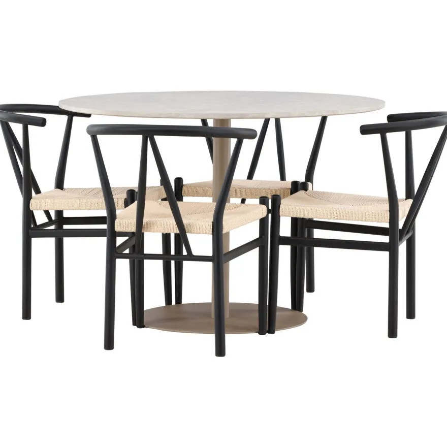 Pyöreä ruokailuryhmä Venture Home, Ø110cm beige Lycke-pöytä + 4 mustaa Alfons-tuolia