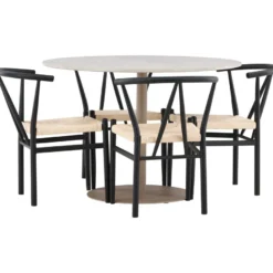 Pyöreä ruokailuryhmä Venture Home, Ø110cm beige Lycke-pöytä + 4 mustaa Alfons-tuolia