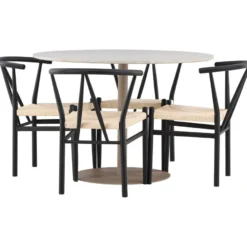 Pyöreä ruokailuryhmä Venture Home, Ø110cm beige Lycke-pöytä + 4 mustaa Alfons-tuolia