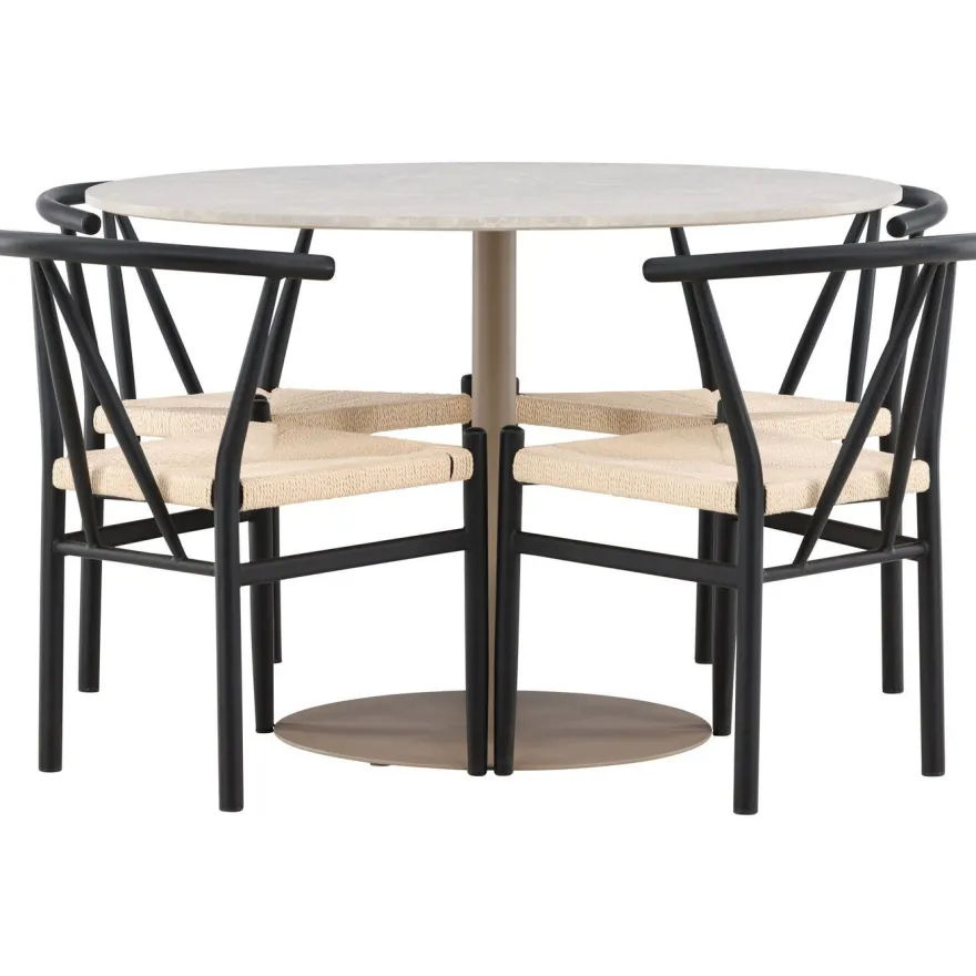 Pyöreä ruokailuryhmä Venture Home, Ø110cm beige Lycke-pöytä + 4 mustaa Alfons-tuolia