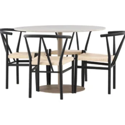 Pyöreä ruokailuryhmä Venture Home, Ø110cm beige Lycke-pöytä + 4 mustaa Alfons-tuolia