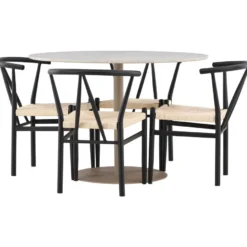 Pyöreä ruokailuryhmä Venture Home, Ø110cm beige Lycke-pöytä + 4 mustaa Alfons-tuolia