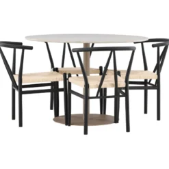 Pyöreä ruokailuryhmä Venture Home, Ø110cm beige Lycke-pöytä + 4 mustaa Alfons-tuolia