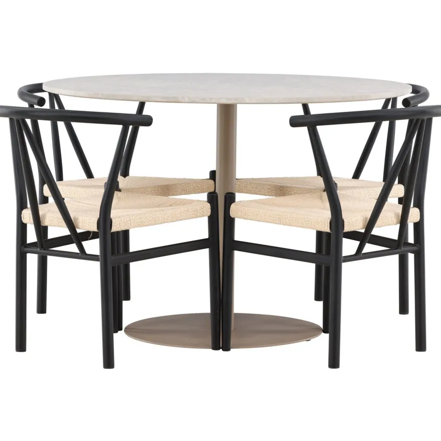 Pyöreä ruokailuryhmä Venture Home, Ø110cm beige Lycke-pöytä + 4 mustaa Alfons-tuolia