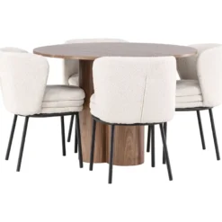 Pyöreä ruokailuryhmä Venture Home, Ø110cm Olivia-pöytä + 4 valkoista Agnes-tuolia, bouclé