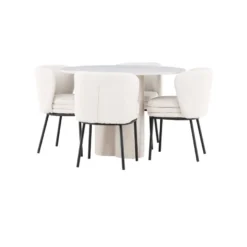 Pyöreä ruokailuryhmä Venture Home, Ø110cm Olivia-pöytä + 4 valkoista Agnes-tuolia, bouclé