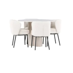 Pyöreä ruokailuryhmä Venture Home, Ø110cm Olivia-pöytä + 4 valkoista Agnes-tuolia, bouclé