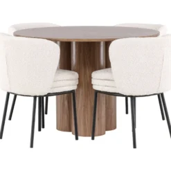 Pyöreä ruokailuryhmä Venture Home, Ø110cm Olivia-pöytä + 4 valkoista Agnes-tuolia, bouclé