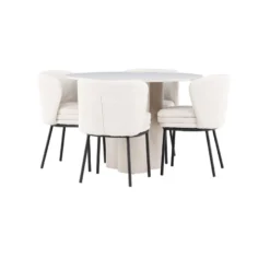 Pyöreä ruokailuryhmä Venture Home, Ø110cm Olivia-pöytä + 4 valkoista Agnes-tuolia, bouclé
