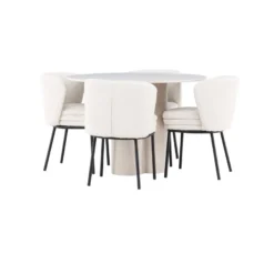 Pyöreä ruokailuryhmä Venture Home, Ø110cm Olivia-pöytä + 4 valkoista Agnes-tuolia, bouclé