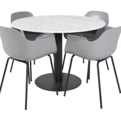 Pyöreä ruokailuryhmä Venture Home, Ø106cm valkoinen Estelle-pöytä + 4 harmaata Comfort-tuolia