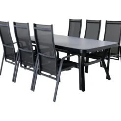 Ruokailuryhmä ulos Venture Home, musta/harmaa Virya-pöytä 200x100cm + 6 mustaa Copacabana-tuolia