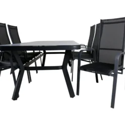 Ruokailuryhmä ulos Venture Home, musta/harmaa Virya-pöytä 200x100cm + 6 mustaa Copacabana-tuolia