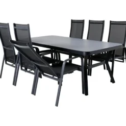 Ruokailuryhmä ulos Venture Home, musta/harmaa Virya-pöytä 200x100cm + 6 mustaa Copacabana-tuolia
