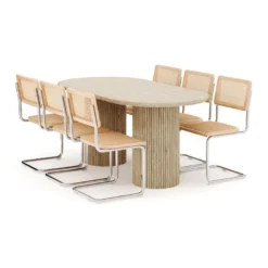 Ruokailuryhmä Uppveda, pöytä travertiinin näköinen, 6 Build ruokatuolia, beige (01659)