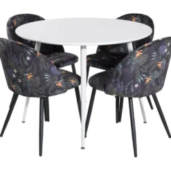 Ruokailuryhmä Venture Home, ⌀100cm valkoinen Plaza-pöytä + 4 mustaa Velvet-tuolia kukkakuosilla