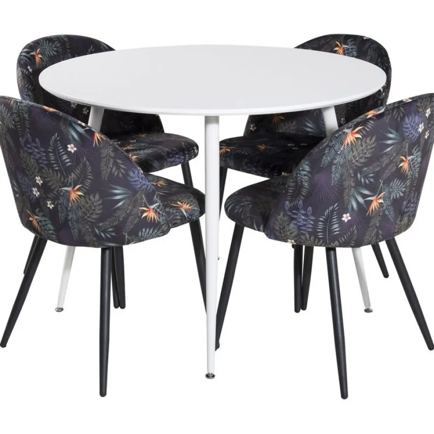 Ruokailuryhmä Venture Home, ⌀100cm valkoinen Plaza-pöytä + 4 mustaa Velvet-tuolia kukkakuosilla
