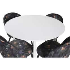 Ruokailuryhmä Venture Home, ⌀100cm valkoinen Plaza-pöytä + 4 mustaa Velvet-tuolia kukkakuosilla