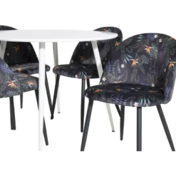 Ruokailuryhmä Venture Home, ⌀100cm valkoinen Plaza-pöytä + 4 mustaa Velvet-tuolia kukkakuosilla
