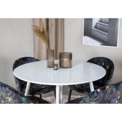 Ruokailuryhmä Venture Home, ⌀100cm valkoinen Plaza-pöytä + 4 mustaa Velvet-tuolia kukkakuosilla