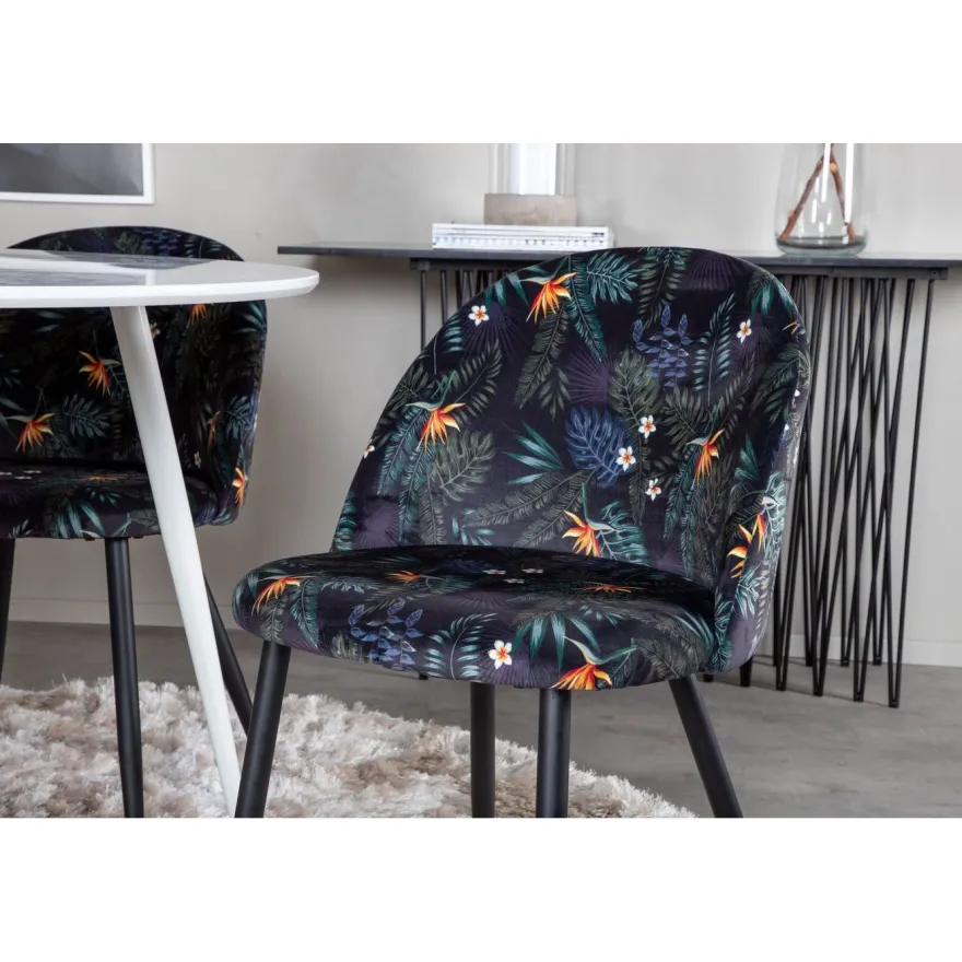 Ruokailuryhmä Venture Home, ⌀100cm valkoinen Plaza-pöytä + 4 mustaa Velvet-tuolia kukkakuosilla