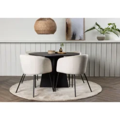 Ruokailuryhmä Venture Home, ⌀110cm musta Bootcut-pöytä + 4 beigeä Berit-tuolia, sametti