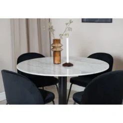Ruokailuryhmä Venture Home, ⌀106cm valkoinen Estelle-pöytä + 4 mustaa Wrinkles-tuolia, sametti