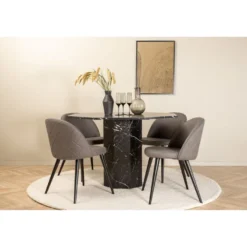 Ruokailuryhmä Venture Home, ⌀110cm musta Marbs-pöytä + 4 harmaata Velvet Stitches -tuolia