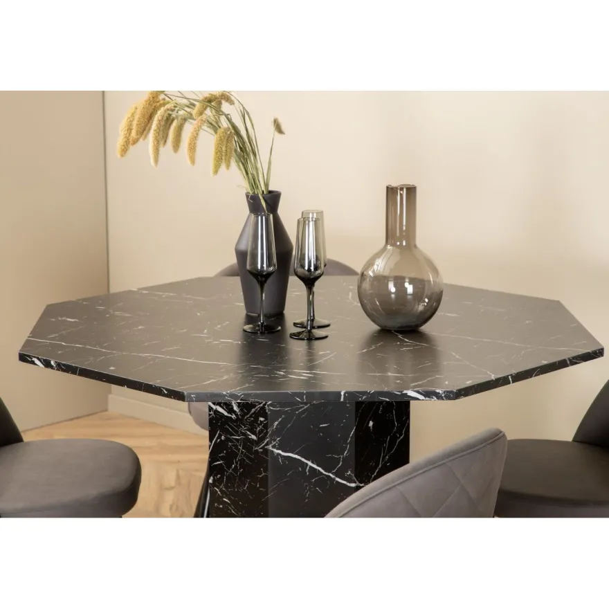 Ruokailuryhmä Venture Home, ⌀110cm musta Marbs-pöytä + 4 harmaata Velvet Stitches -tuolia