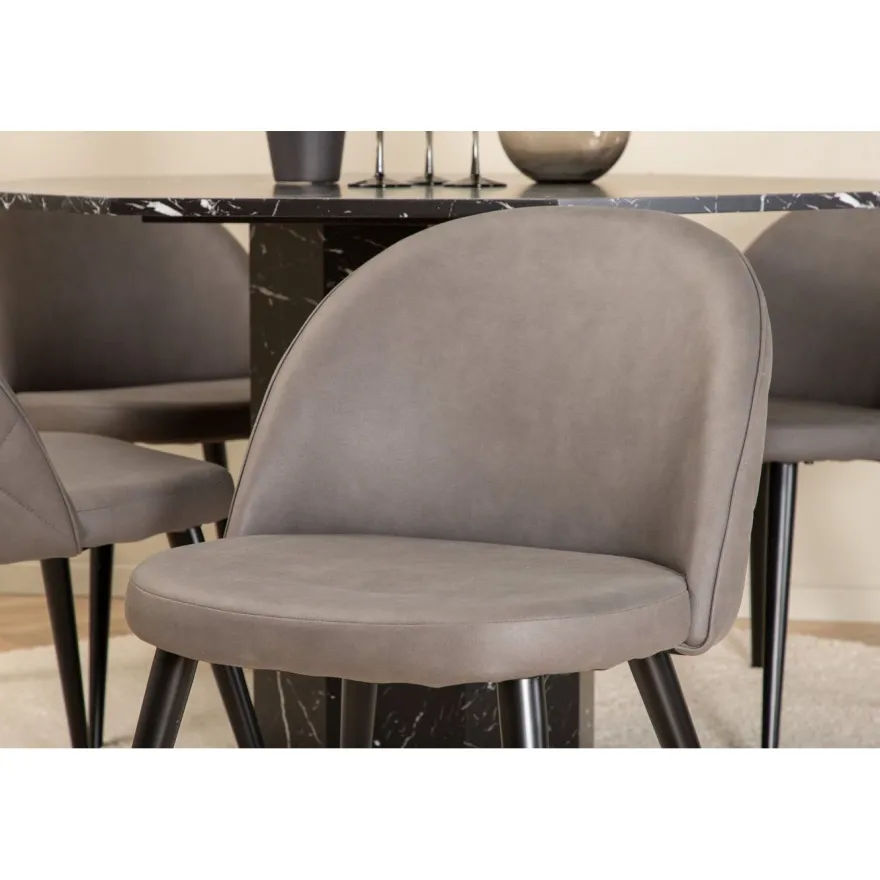 Ruokailuryhmä Venture Home, ⌀110cm musta Marbs-pöytä + 4 harmaata Velvet Stitches -tuolia