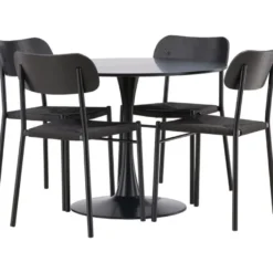 Ruokailuryhmä Venture Home, ⌀100cm musta Glade-pöytä + 4 mustaa Polly-tuolia