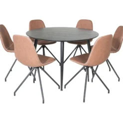 Ruokailuryhmä Venture Home, ⌀115cm musta Dipp-pöytä + 6 ruskeaa Polar-tuolia pyörimisominaisuudella