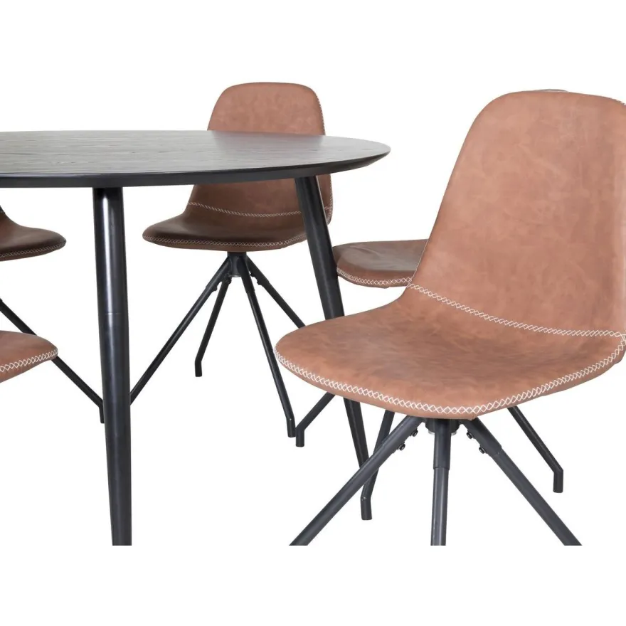 Ruokailuryhmä Venture Home, ⌀115cm musta Dipp-pöytä + 6 ruskeaa Polar-tuolia pyörimisominaisuudella
