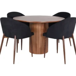 Ruokailuryhmä Venture Home, ⌀110cm ruskea Bianca-pöytä + 4 mustaa Arch-tuolia