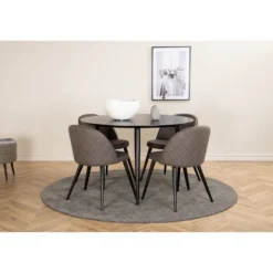 Ruokailuryhmä Venture Home, ⌀115cm musta Dipp-pöytä + 4 harmaata Velvet Stitches -tuolia