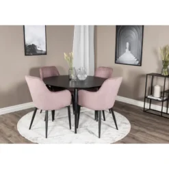 Ruokailuryhmä Venture Home, ⌀115cm musta Dipp-pöytä + 4 vaaleanpunaista Comfort-tuolia, vakosametti