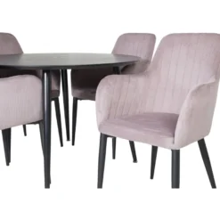 Ruokailuryhmä Venture Home, ⌀115cm musta Dipp-pöytä + 4 vaaleanpunaista Comfort-tuolia, vakosametti