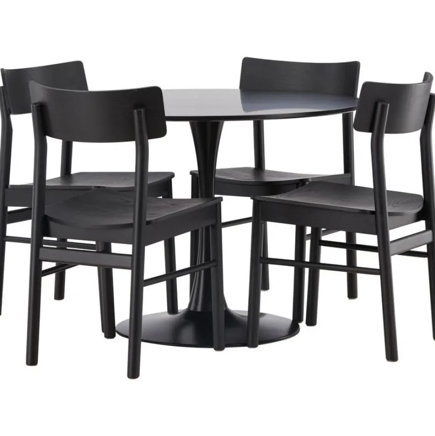 Ruokailuryhmä Venture Home, ⌀100cm musta Glade-pöytä + 4 mustaa Montros-tuolia