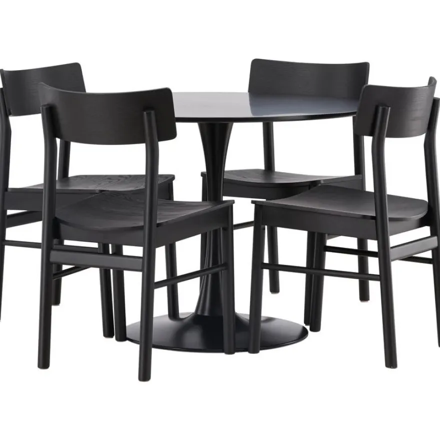 Ruokailuryhmä Venture Home, ⌀100cm musta Glade-pöytä + 4 mustaa Montros-tuolia