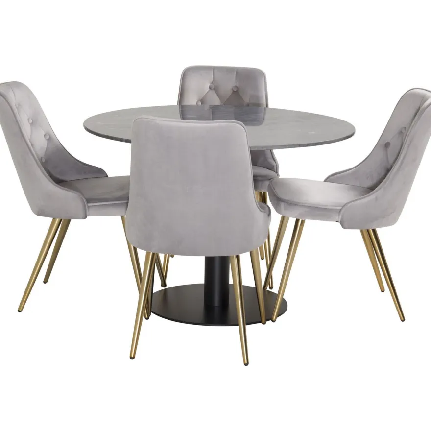 Ruokailuryhmä Venture Home, ⌀106cm musta Estelle-pöytä + 4 Velvet Deluxe -tuolia, sametti