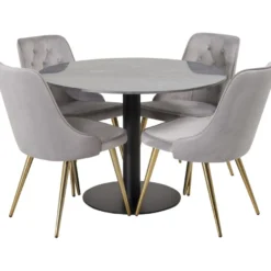 Ruokailuryhmä Venture Home, ⌀106cm musta Estelle-pöytä + 4 Velvet Deluxe -tuolia, sametti