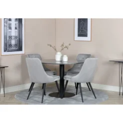 Ruokailuryhmä Venture Home, ⌀106cm musta Estelle-pöytä + 4 Velvet Deluxe -tuolia, sametti